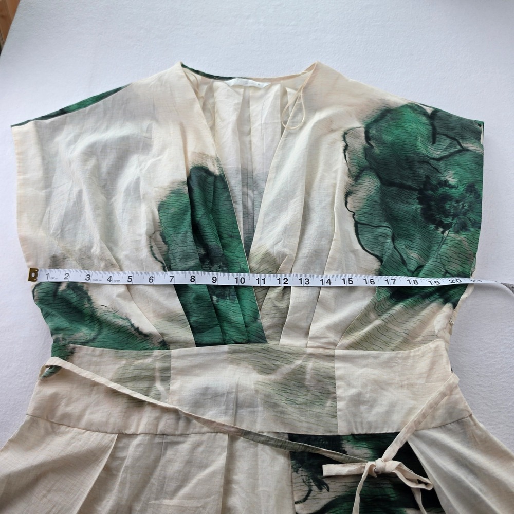 Zara Green Floral Cotton V-Neck Midi Dress Tie Waist Pleated Cream Size XL - Picture 6 of 8